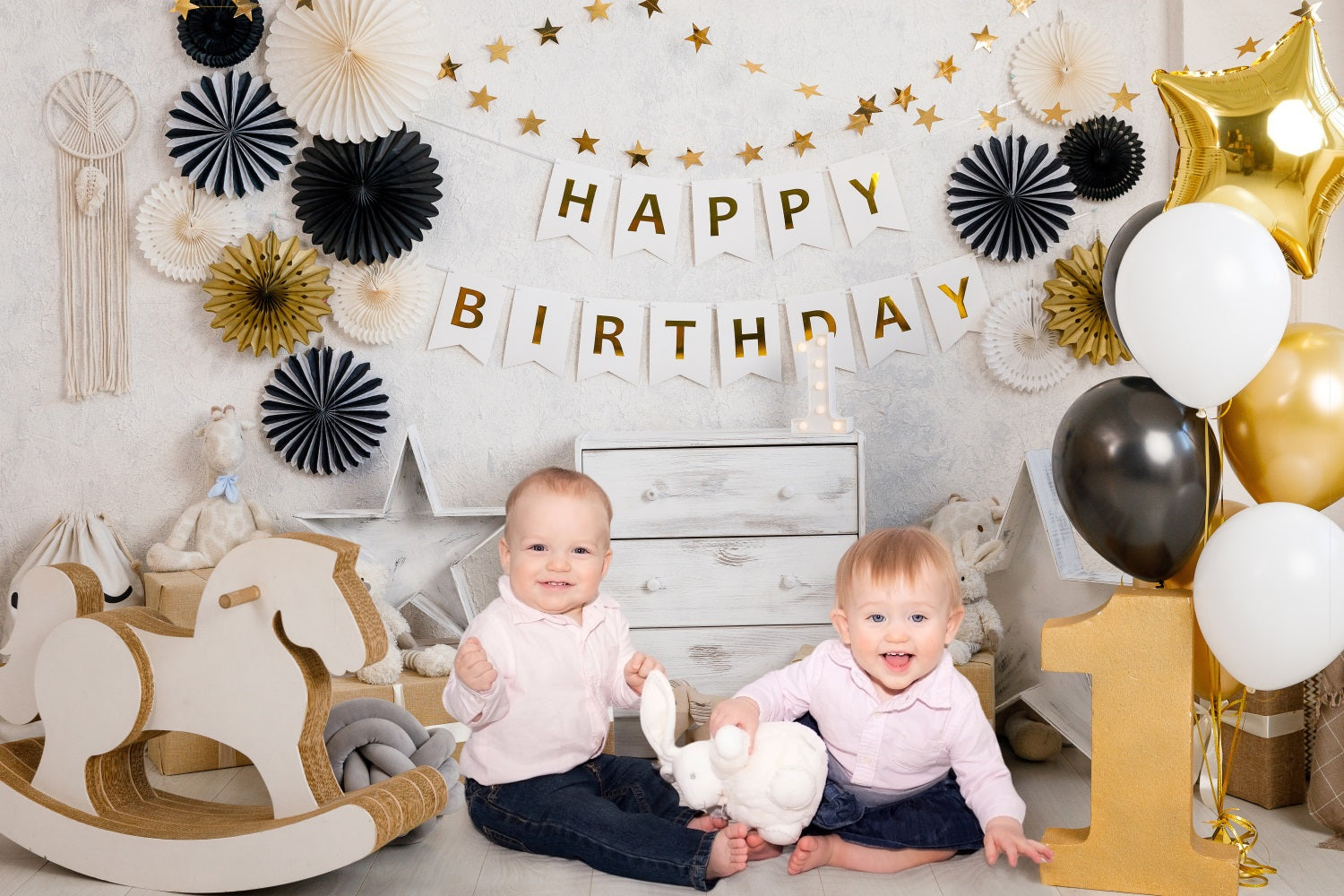 Toile de Fond pour 1er Anniversaire avec Ballons Dorés RR5-35
