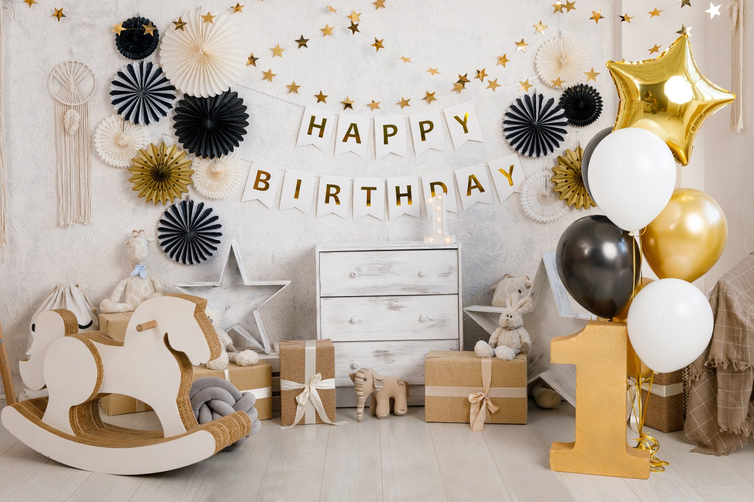 Toile de Fond pour 1er Anniversaire avec Ballons Dorés RR5-35