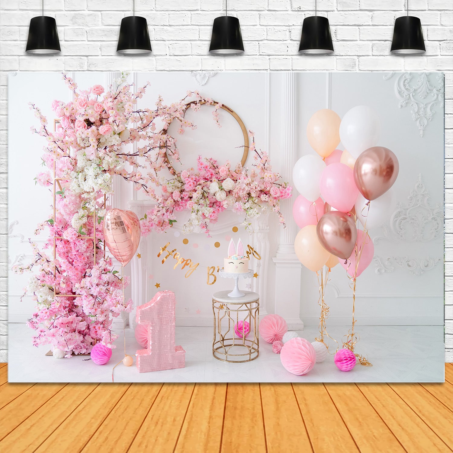 Toile de Fond Florale Rose pour le 1er Anniversaire du Bébé RR5-36