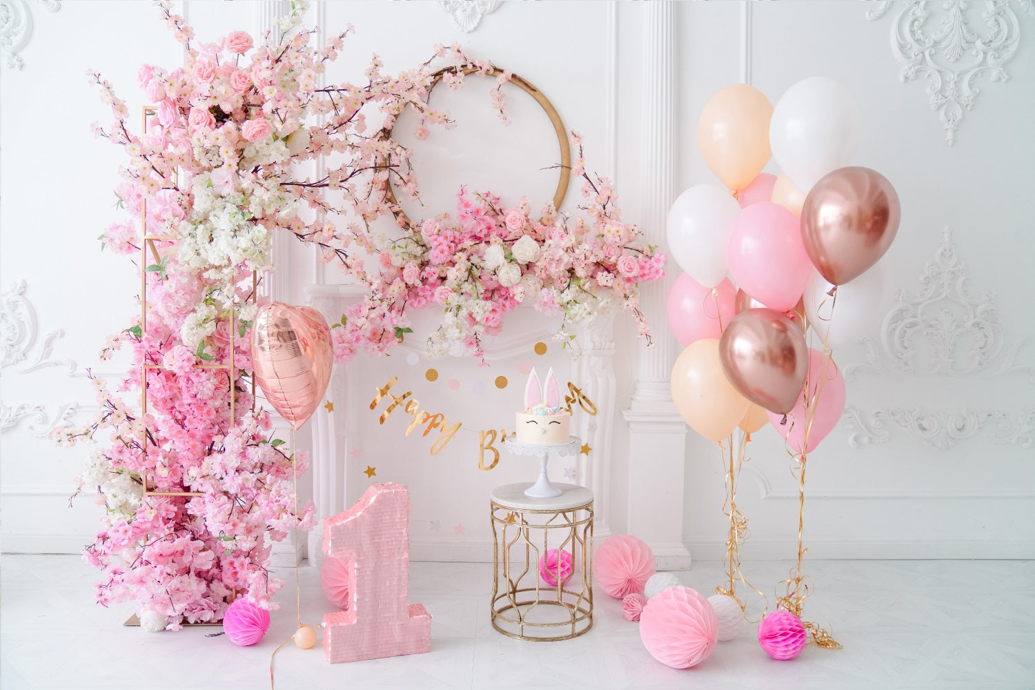 Toile de Fond Florale Rose pour le 1er Anniversaire du Bébé RR5-36