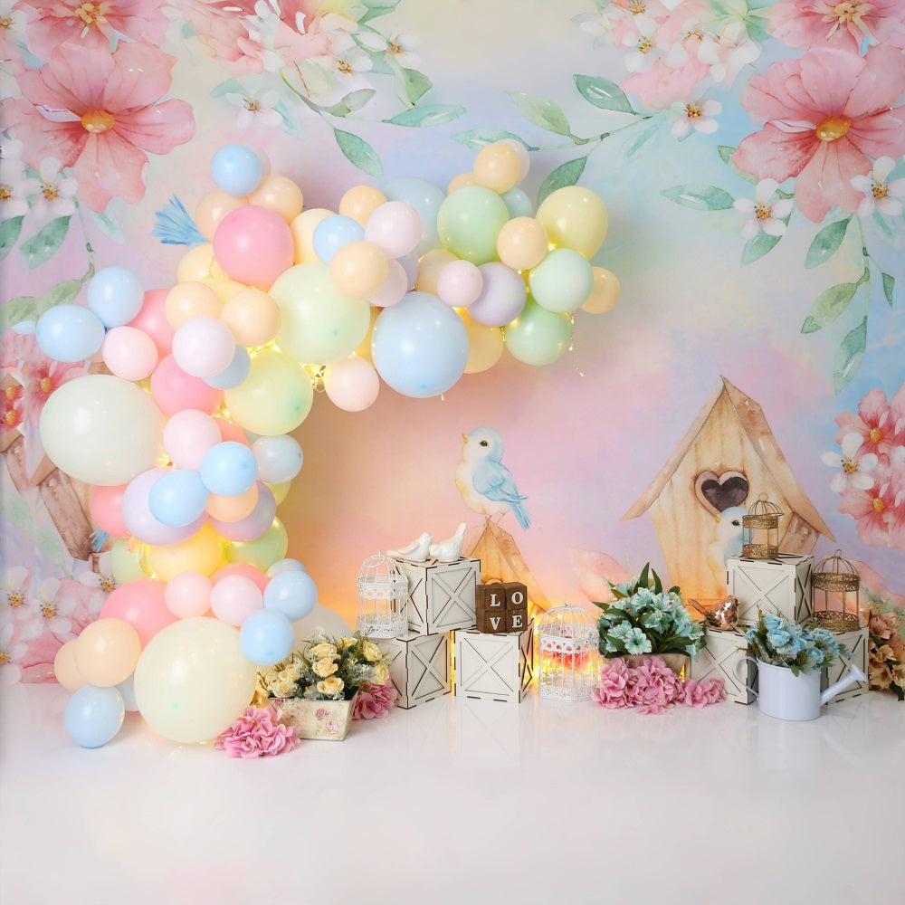 Toile de Fond Décoration d'Anniversaire d'Enfant avec Fleurs Aquarelles RR5-38
