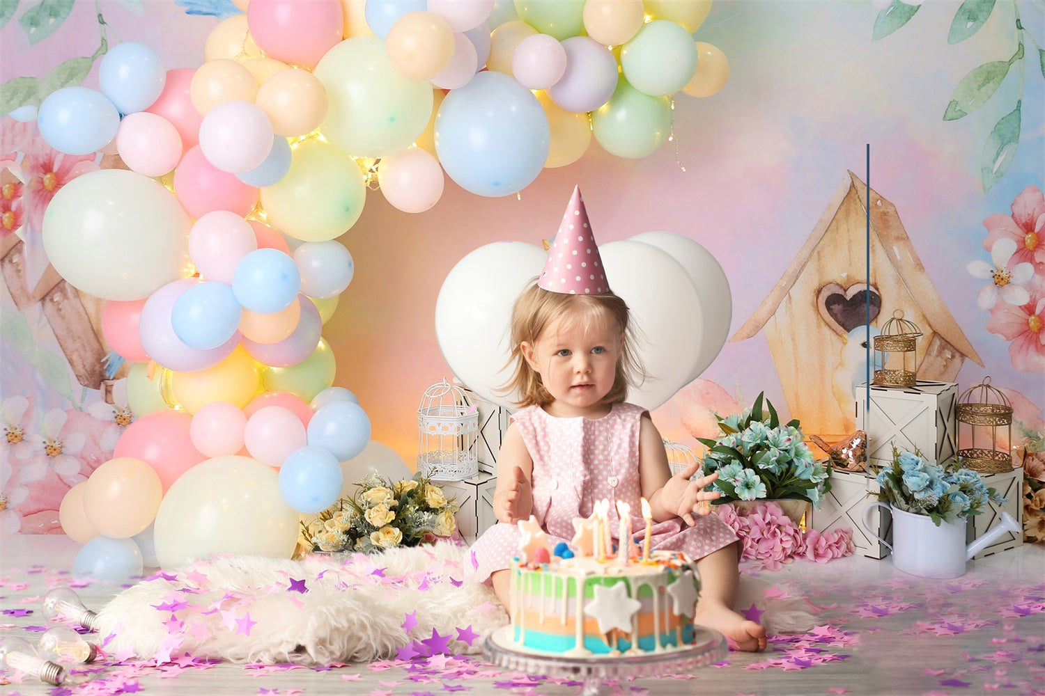 Toile de Fond Décoration d'Anniversaire d'Enfant avec Fleurs Aquarelles RR5-38