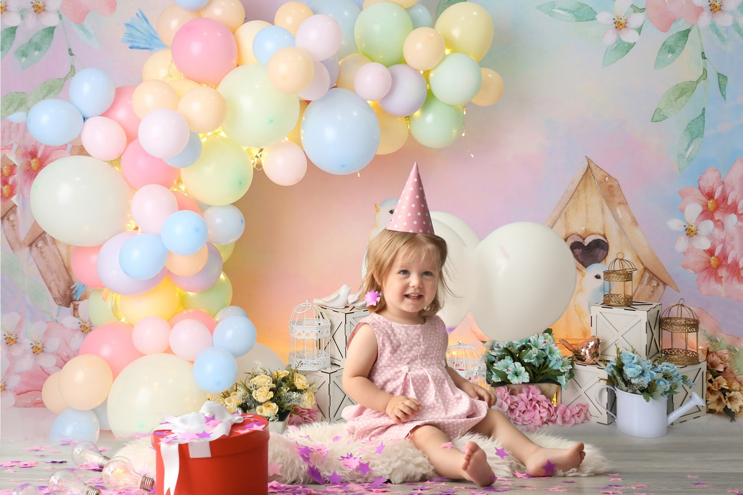 Toile de Fond Décoration d'Anniversaire d'Enfant avec Fleurs Aquarelles RR5-38