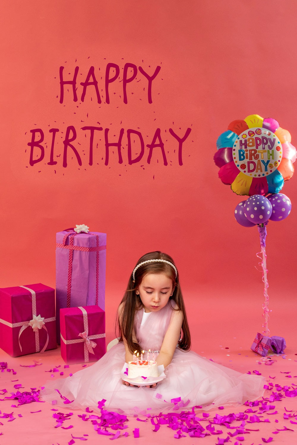 Toile de Fond Motif Ballons et Gâteau d'Anniversaire avec Bougies RR5-41
