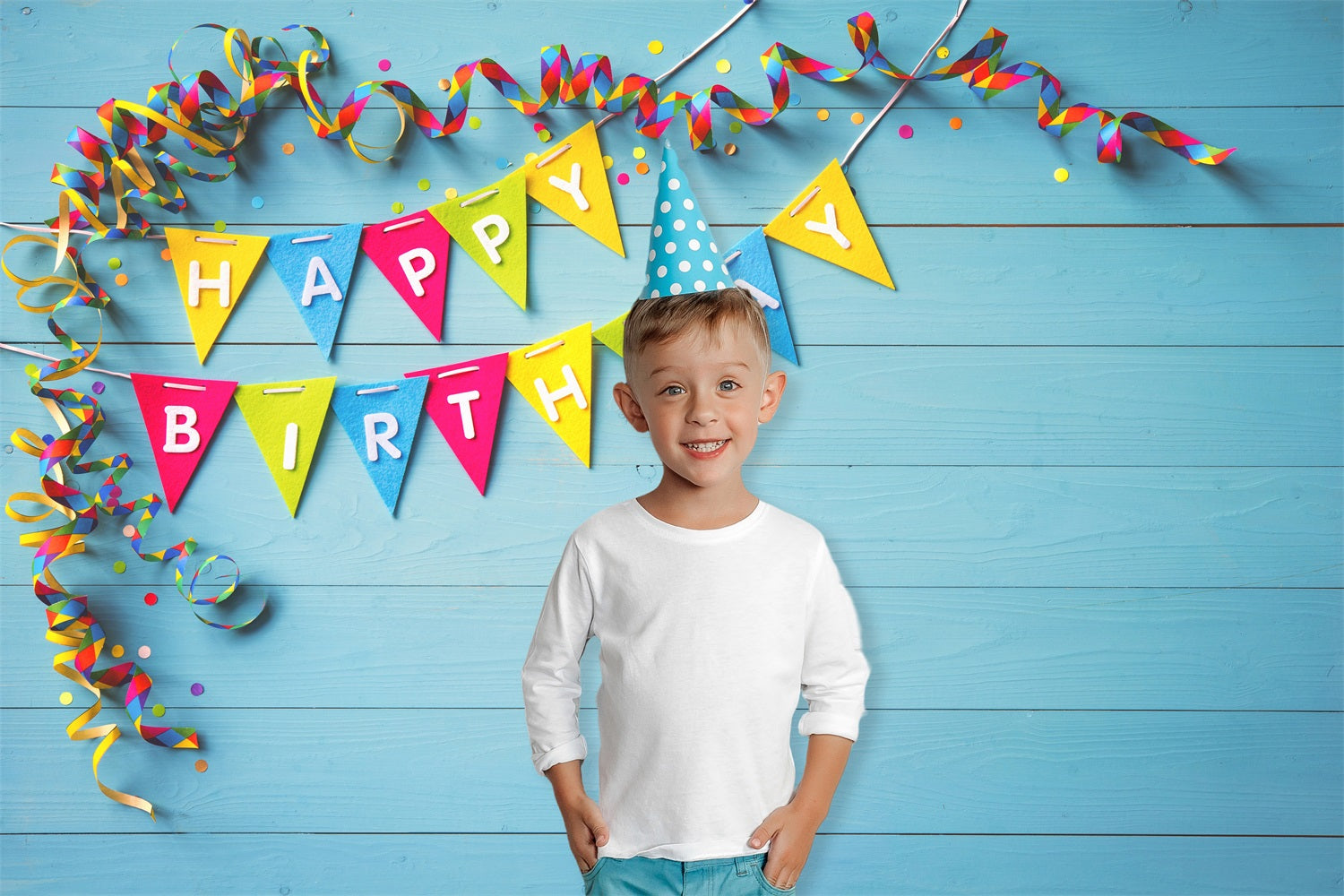 Toile de Fond "Joyeux Anniversaire" Bleu et Bois RR5-44