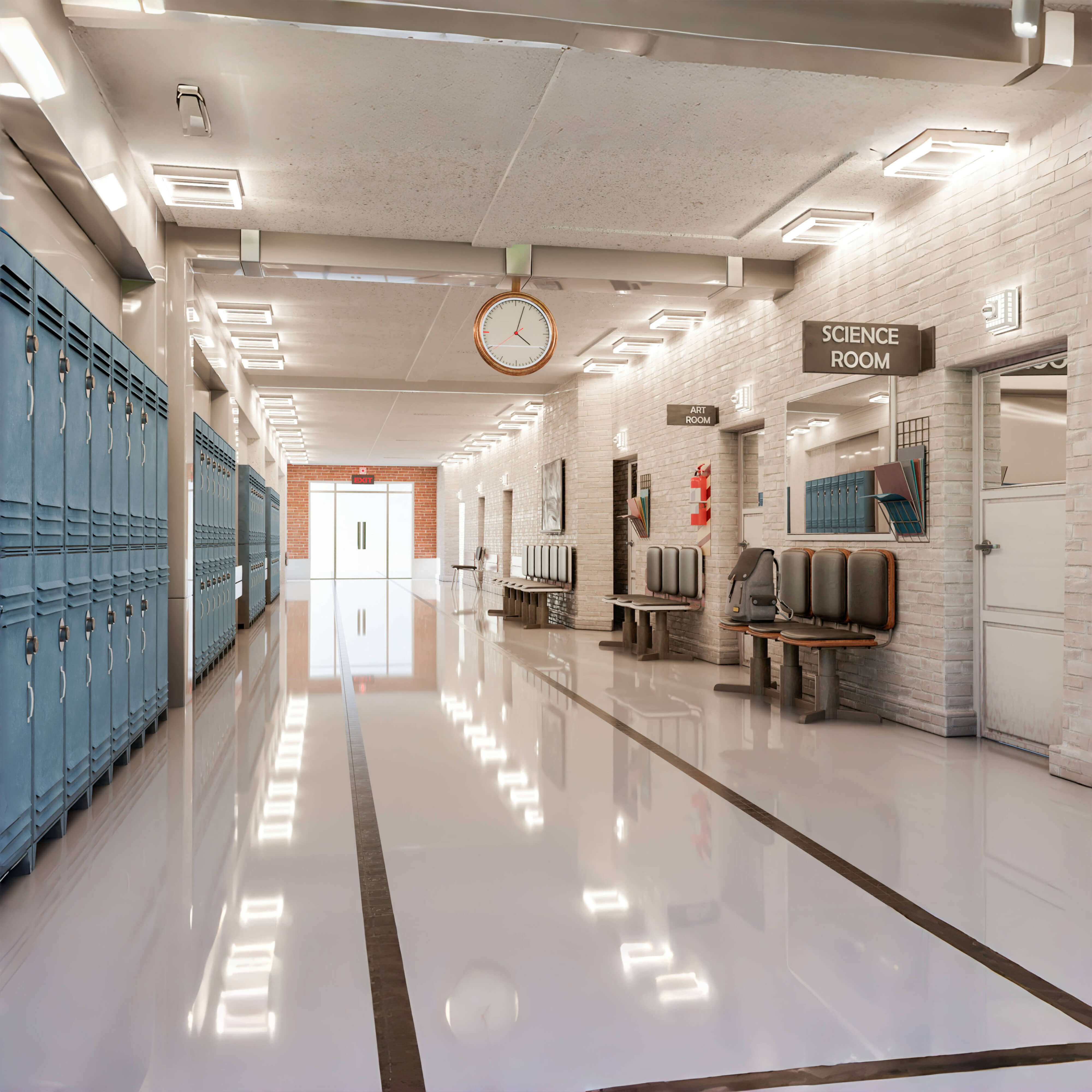 Toile de fond couloir de lycée casiers et salle de classe RR6-32