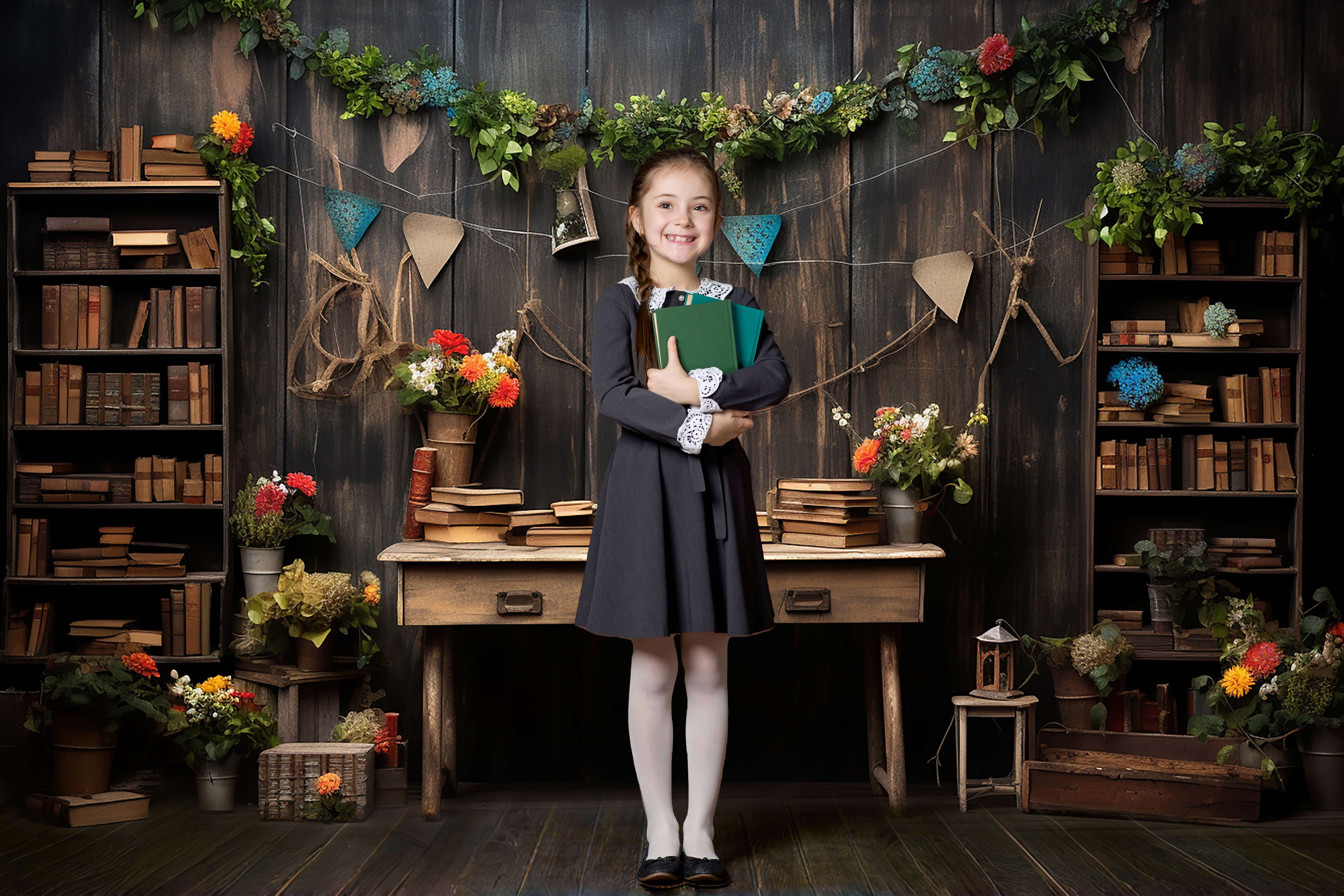 Toile de fond photographie étagère en bois retour à l'école RR6-33