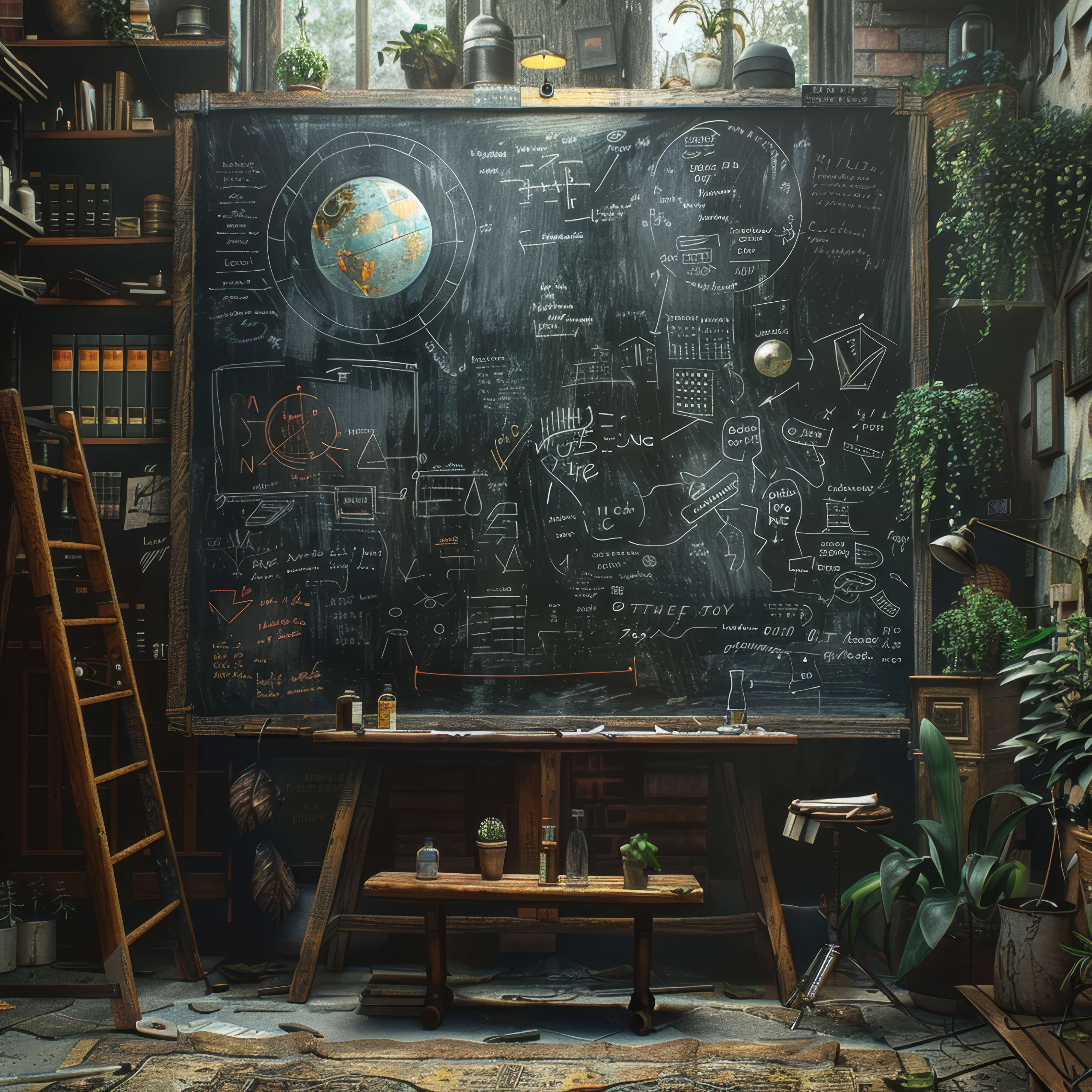 Toile de fond étagère vintage tableau noir salle d'étude RR6-43