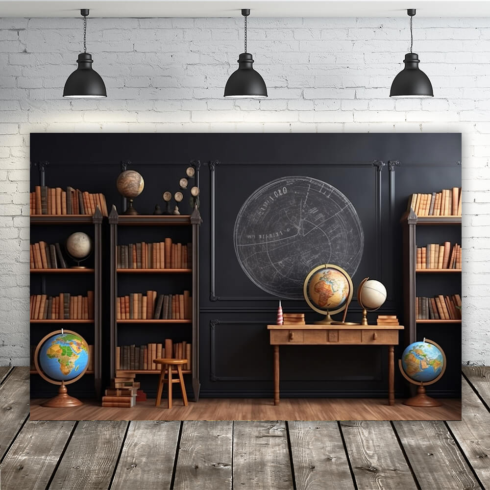 Toile de fond étagère avec globes retour à l'école classe RR6-44