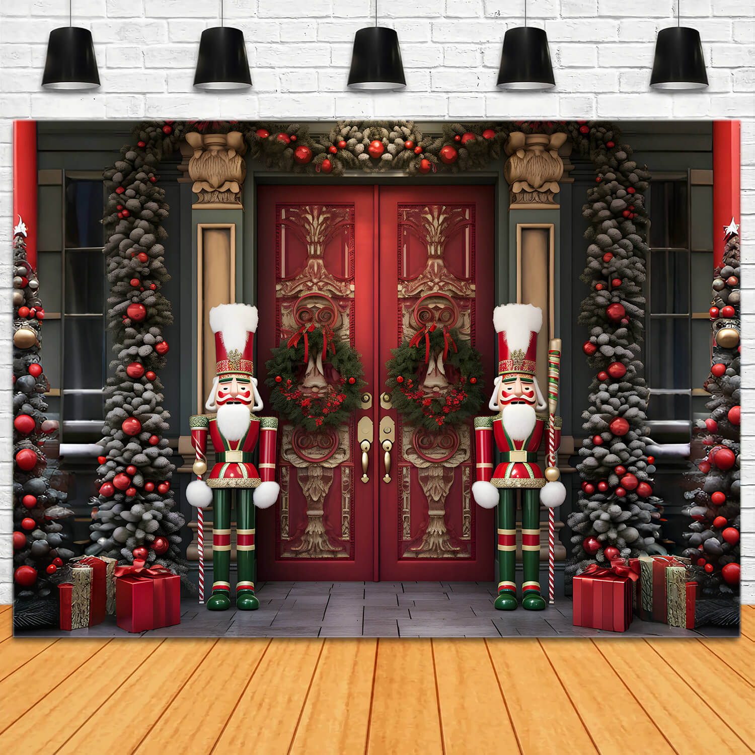 Toile de fond arbres de Noël maison porte casse-noisette RR6-54