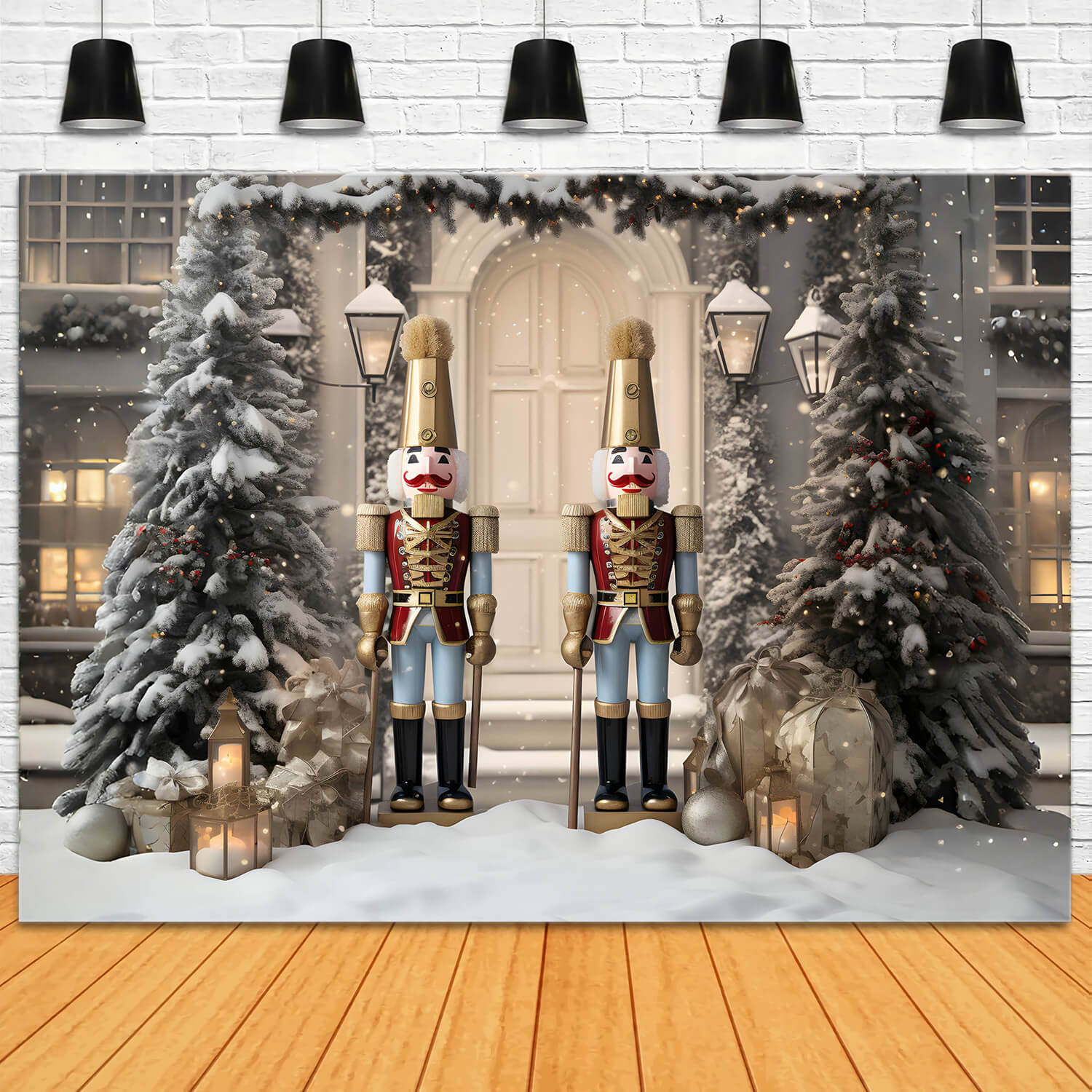 Toile de fond arbre de Noël enneigé maison casse-noisette RR6-58
