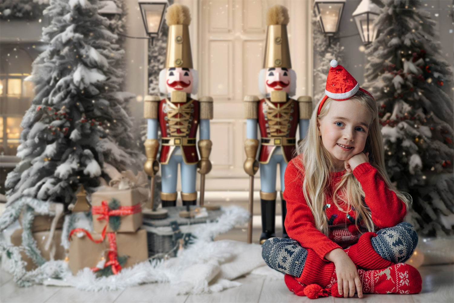 Toile de fond arbre de Noël enneigé maison casse-noisette RR6-58