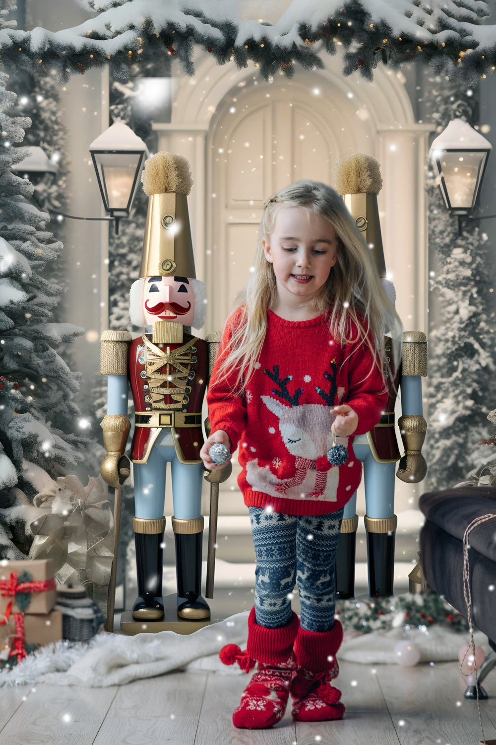 Toile de fond arbre de Noël enneigé maison casse-noisette RR6-58