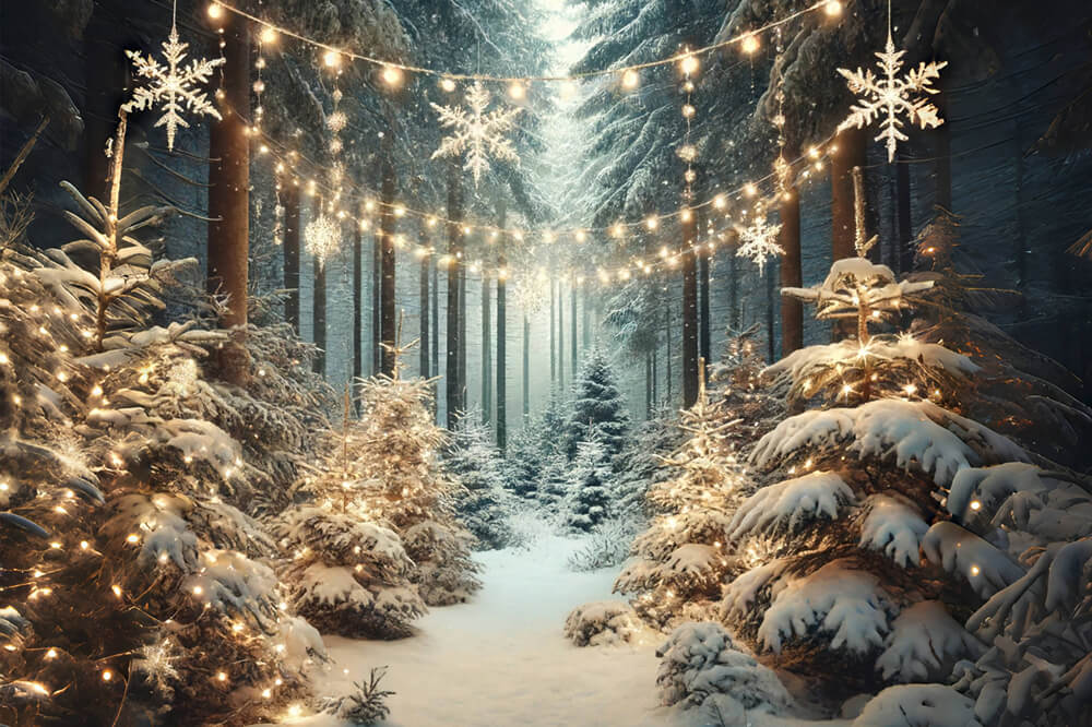 Toile de fond lumière flocons de neige forêt enneigée d'hiver RR6-60