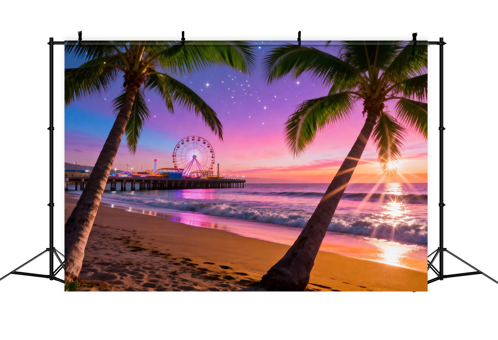 Toile de fond de Plage Jetée Coucher De Soleil Grande Roue RR61-14