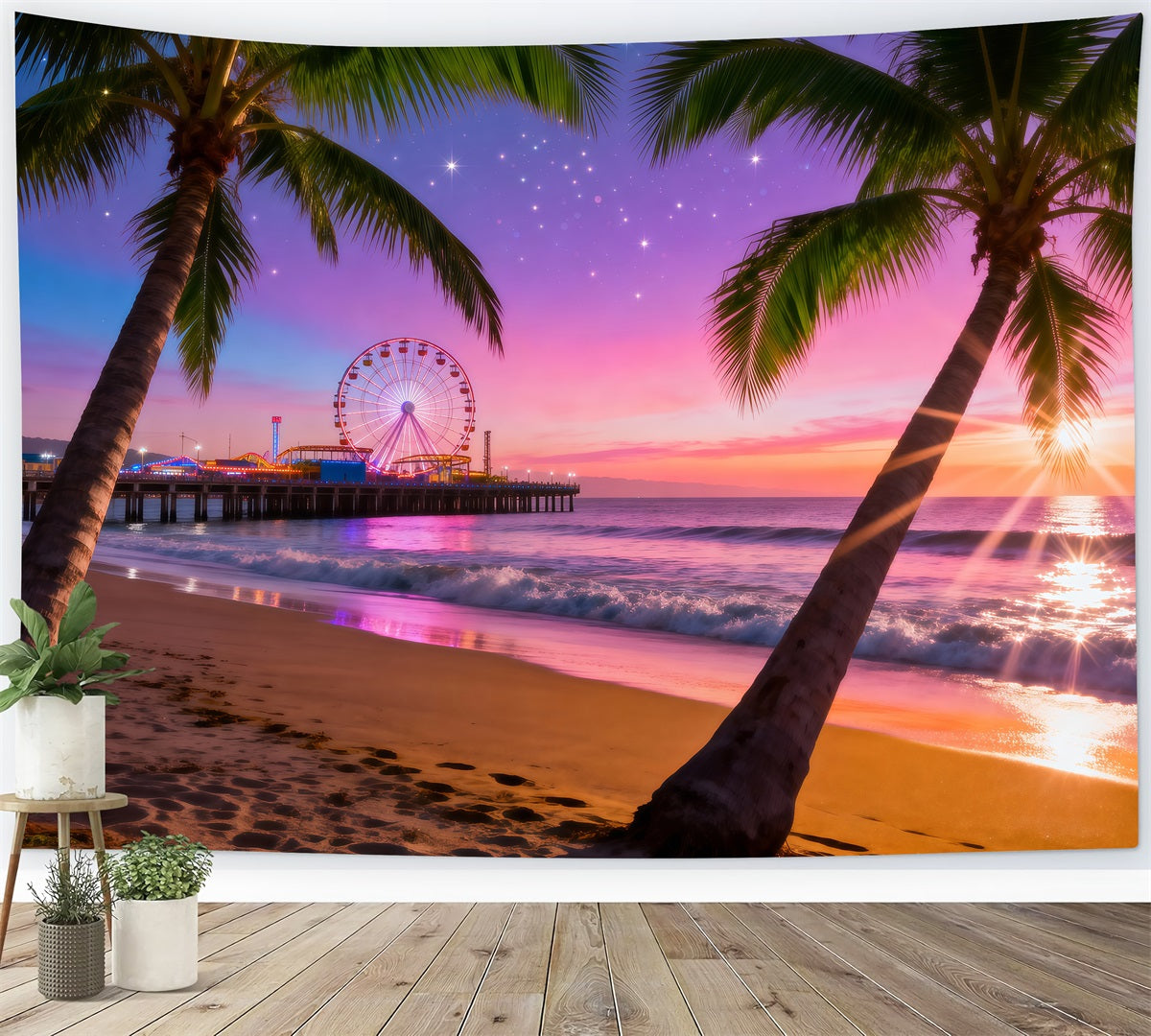 Toile de fond de Plage Jetée Coucher De Soleil Grande Roue RR61-14