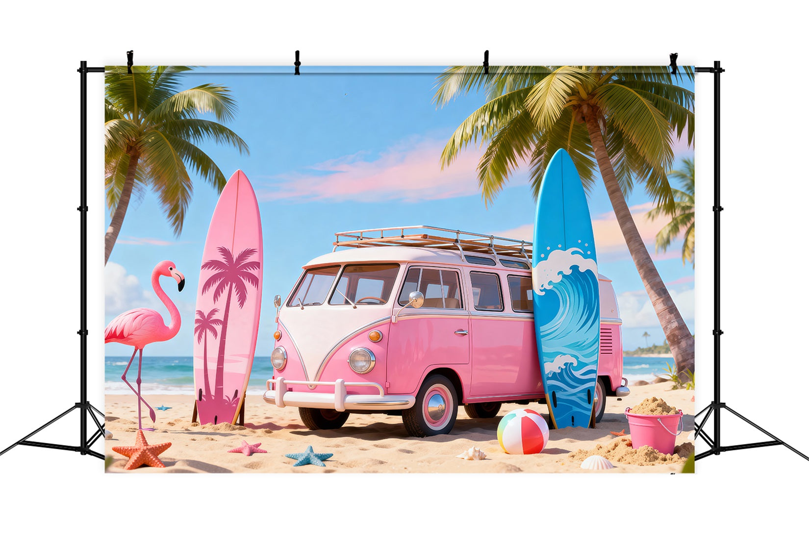 Fond Photo de Plage Van Rose Flamant Planche Surf RR61-19