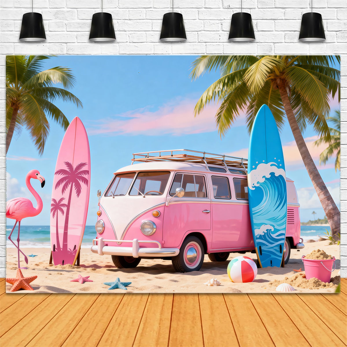 Fond Photo de Plage Van Rose Flamant Planche Surf RR61-19
