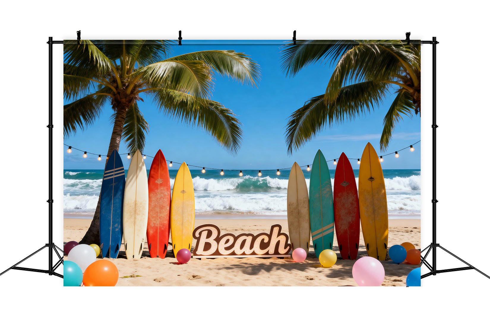 Fond Photo Plage Mer Planches Surf Colorées Ballons Amusants RR61-20