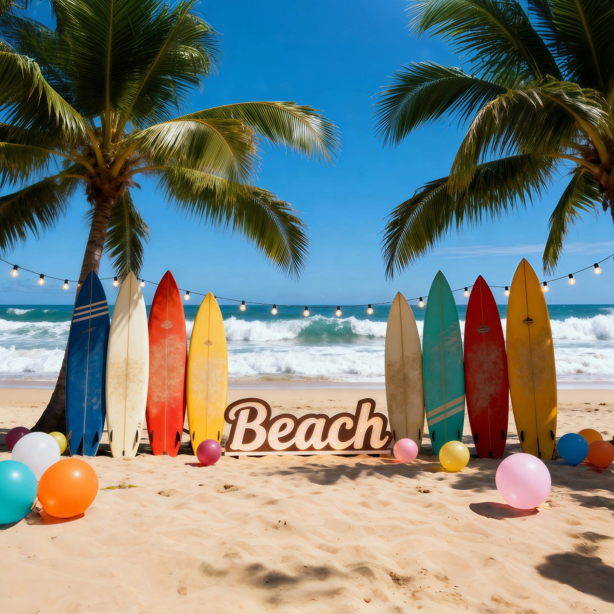 Fond Photo Plage Mer Planches Surf Colorées Ballons Amusants RR61-20