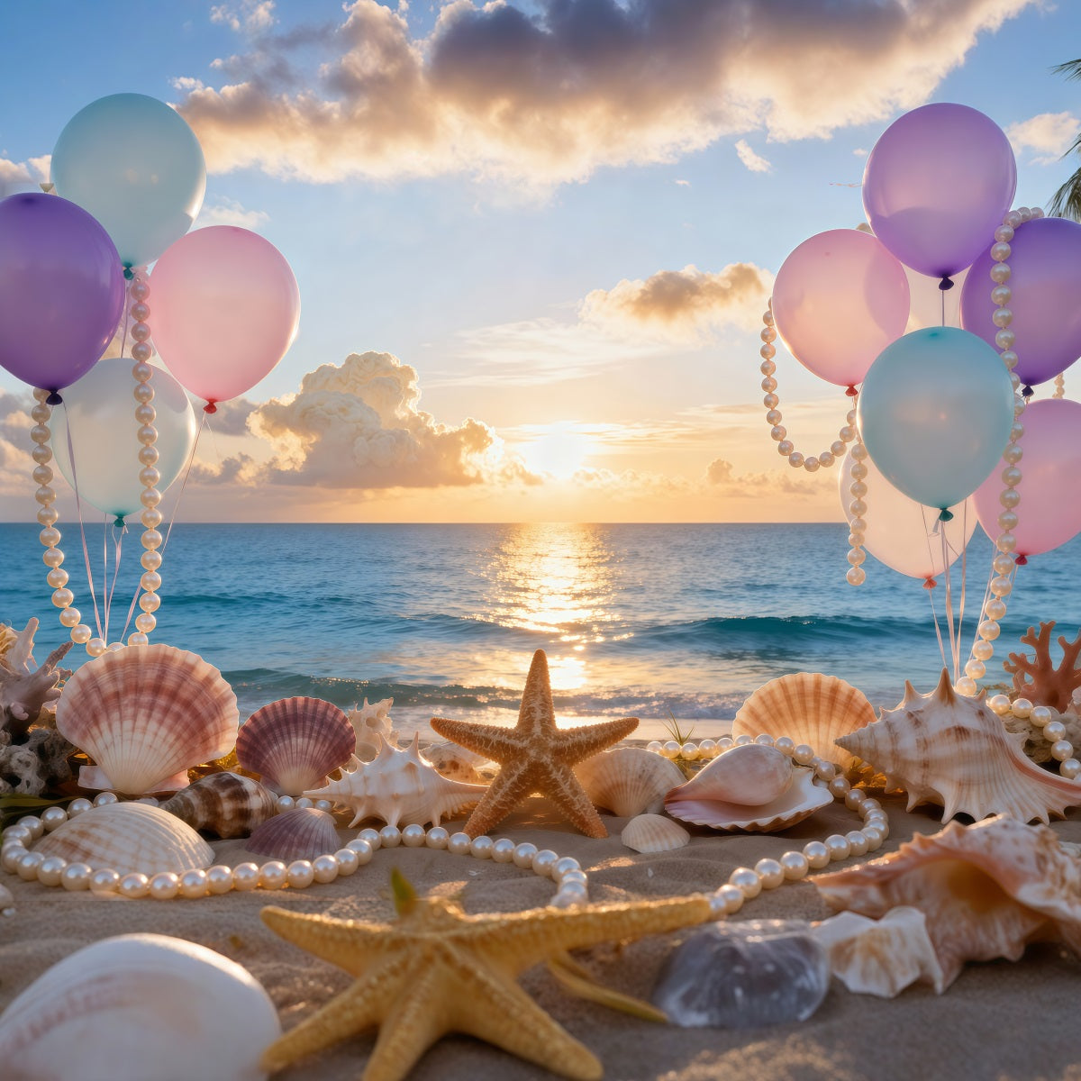 Toile de fond Plage Ballons Coquillages Vue Coucher De Soleil RR61-29