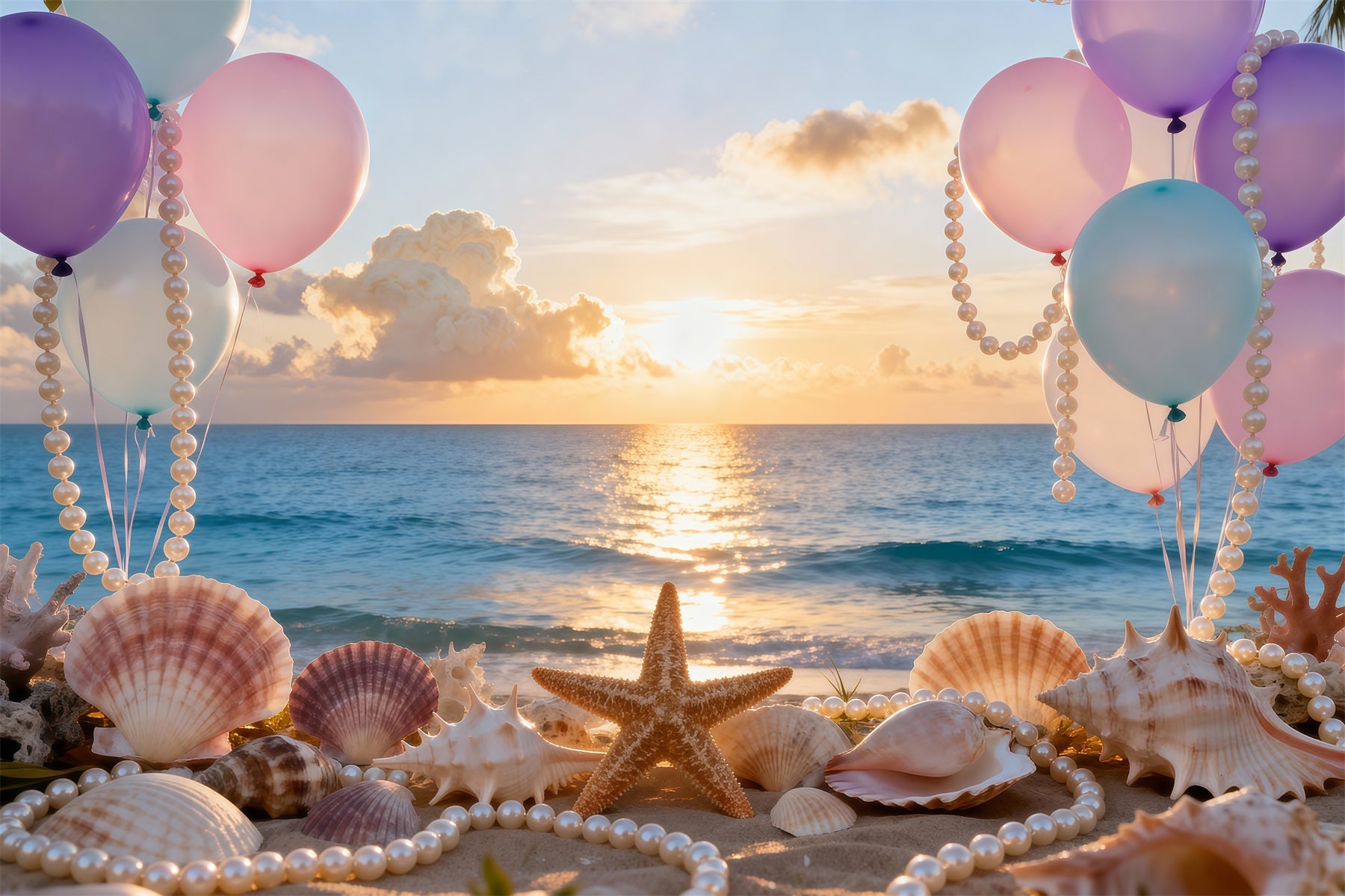 Toile de fond Plage Ballons Coquillages Vue Coucher De Soleil RR61-29