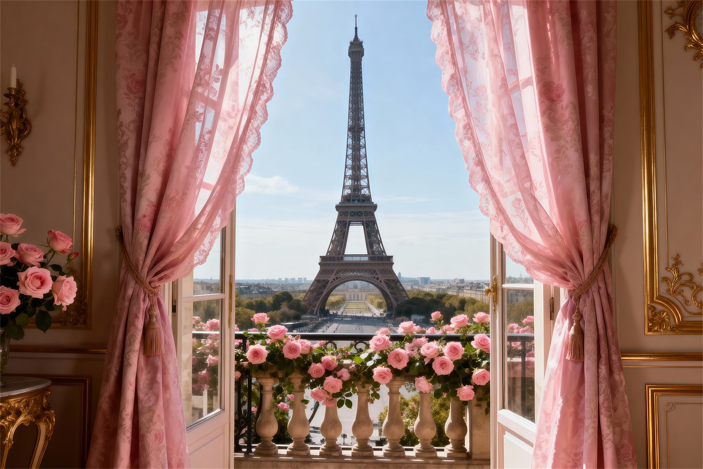 Fond Studio Photo Paris Balcon Rideau Rose Romance RR61-34