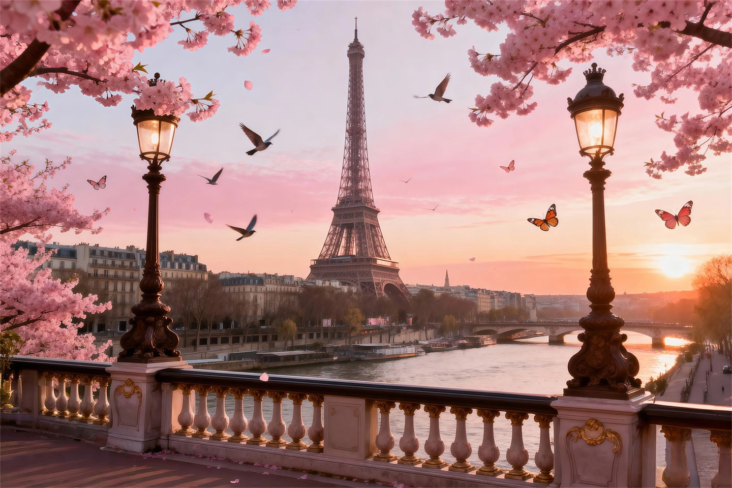 Fond Photo Paris Rivière Fleurs Cerisier Crépuscule RR61-36