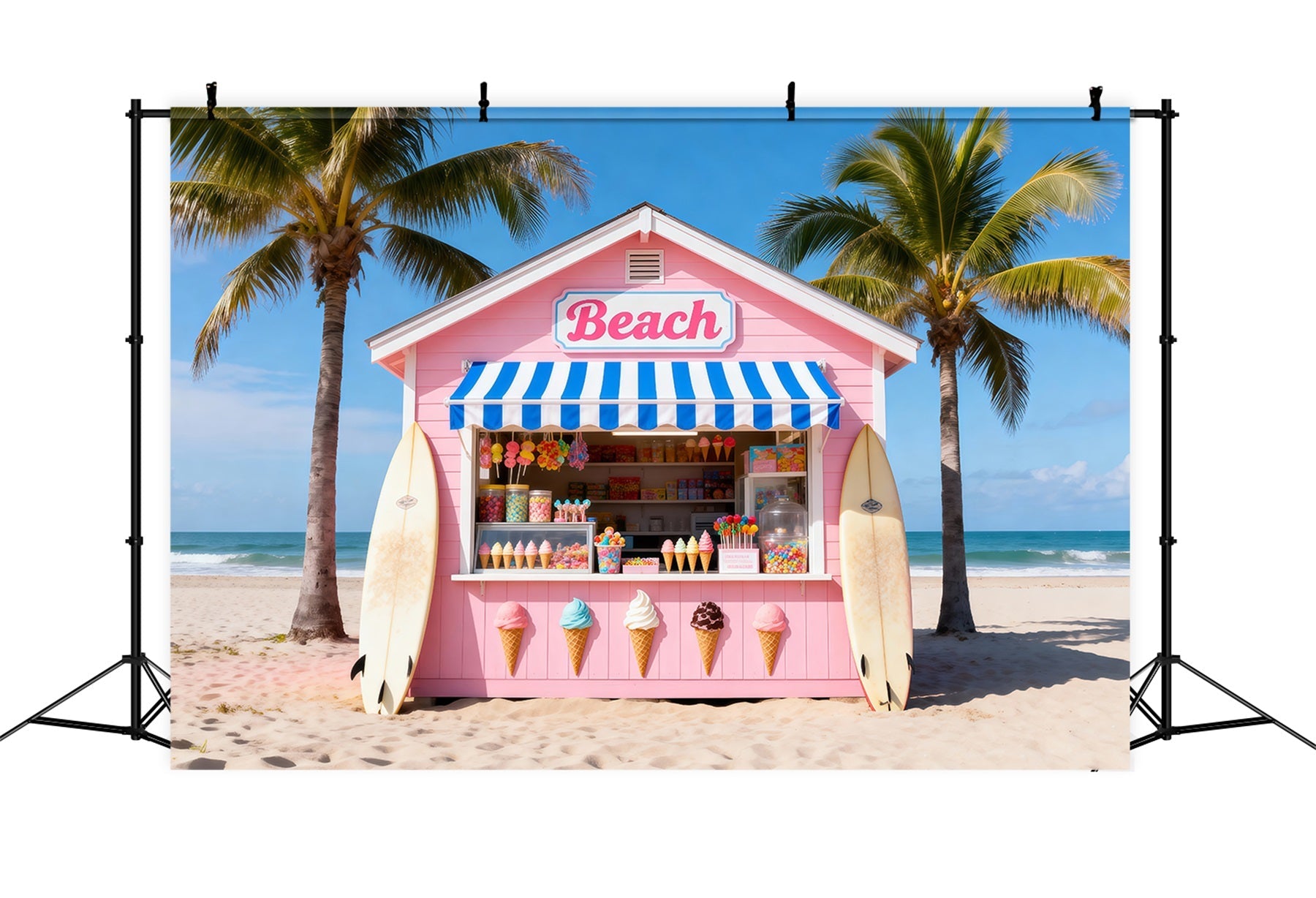 Fond Photo Plage Mer Cabane Glaces Rose RR61-4