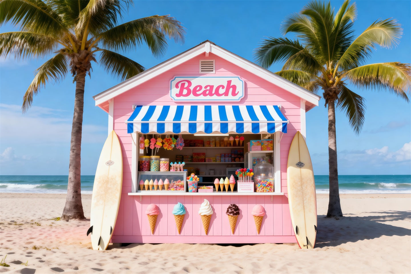 Fond Photo Plage Mer Cabane Glaces Rose RR61-4