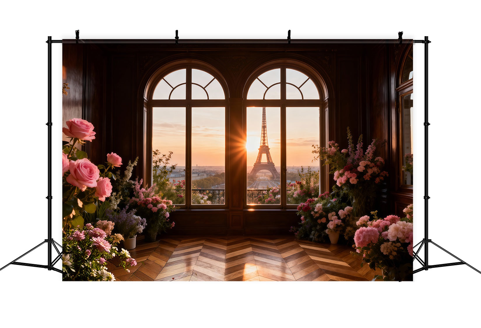 Toile de fond Photo Paris Fenêtre Dorée Fleurs Coucher De Soleil RR61-43