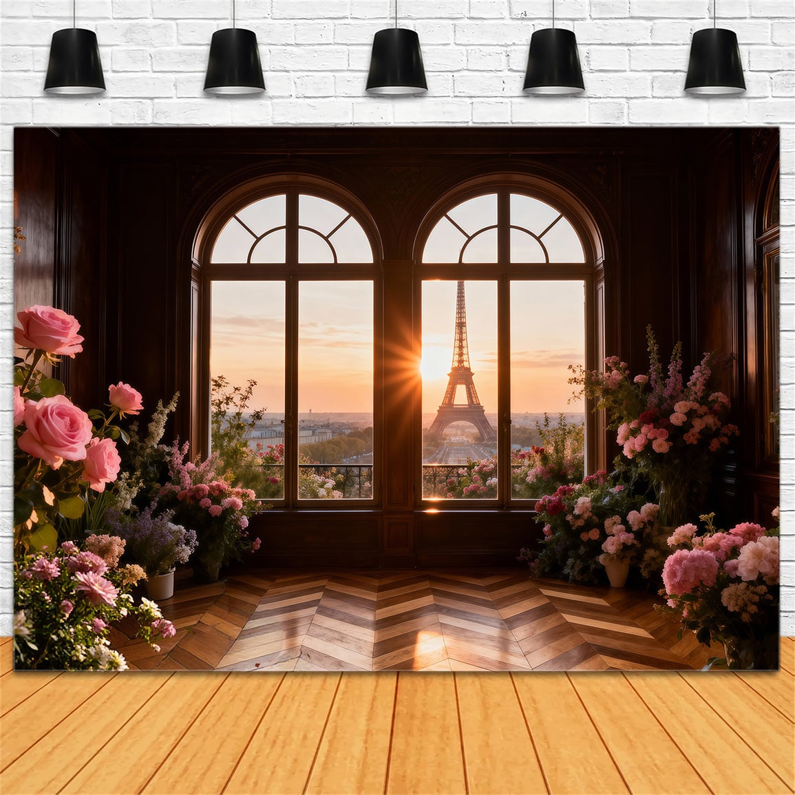 Toile de fond Photo Paris Fenêtre Dorée Fleurs Coucher De Soleil RR61-43
