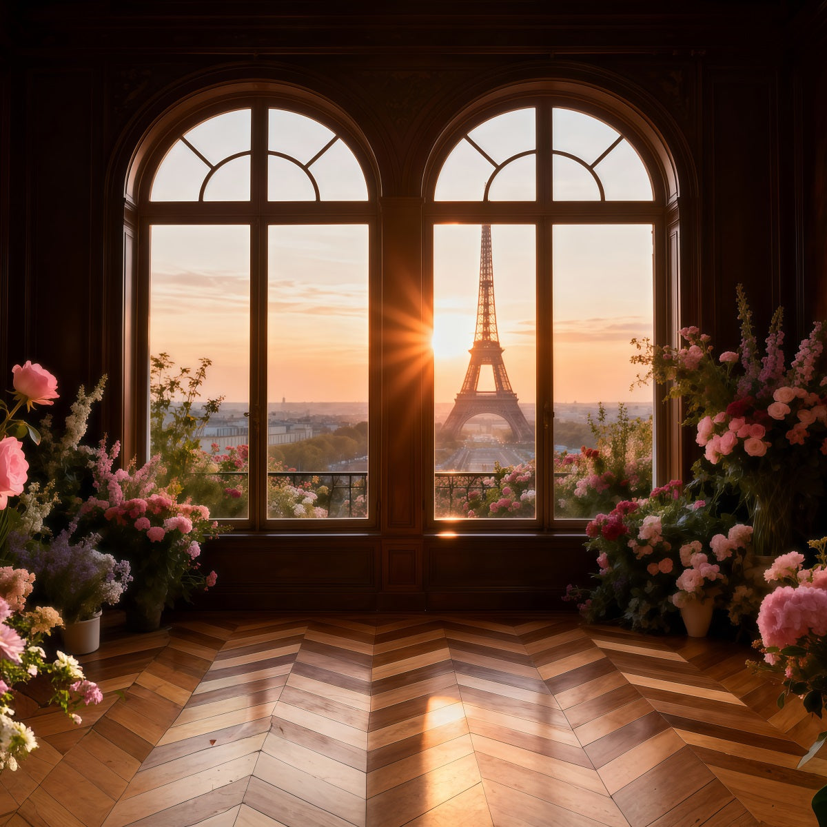 Toile de fond Photo Paris Fenêtre Dorée Fleurs Coucher De Soleil RR61-43