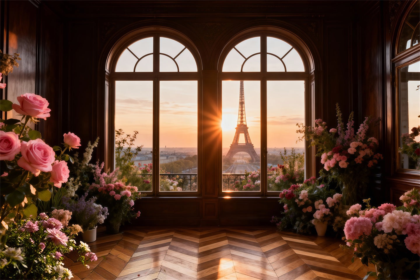 Toile de fond Photo Paris Fenêtre Dorée Fleurs Coucher De Soleil RR61-43