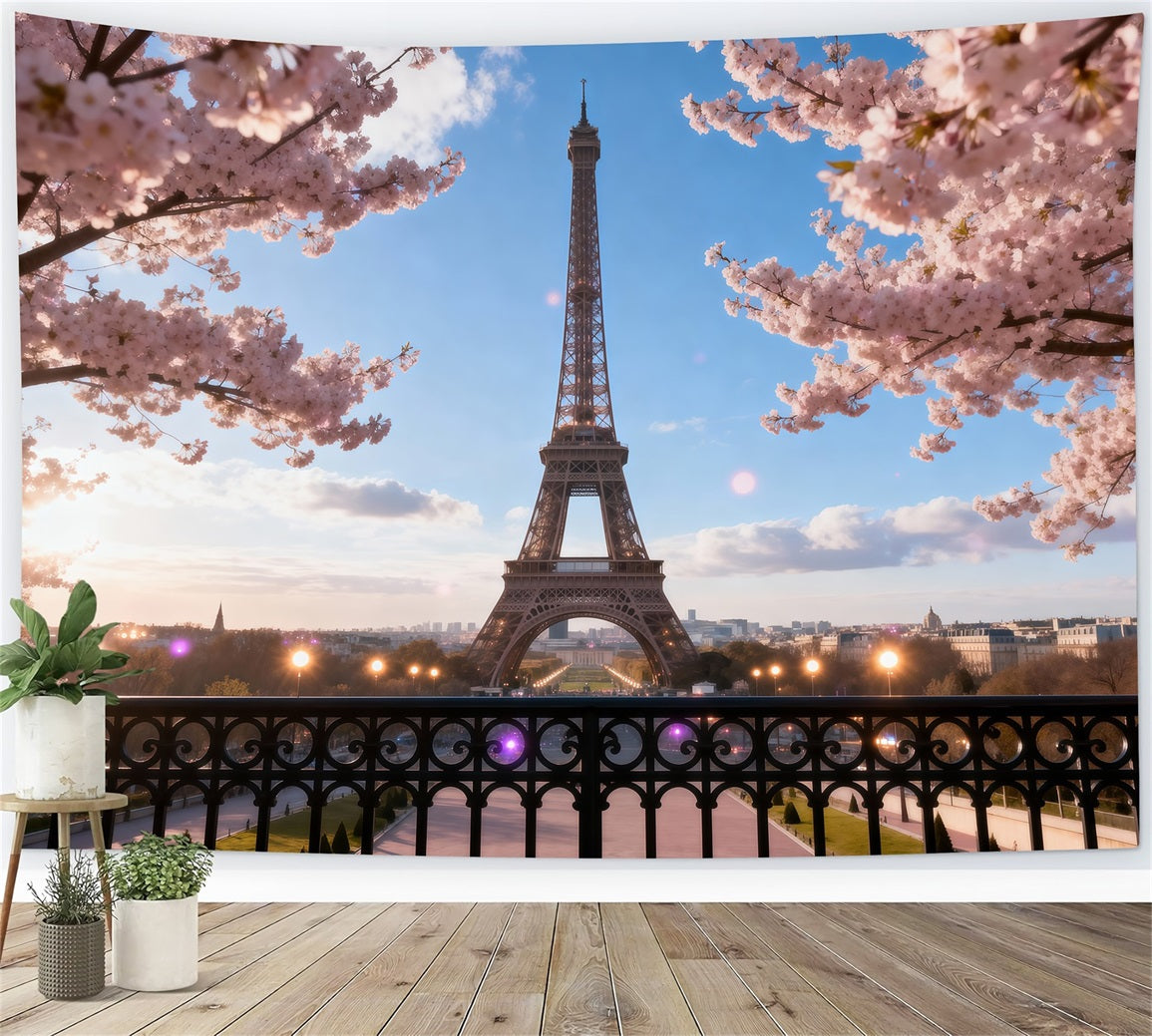 Fond Studio Photo Tour Eiffel Balcon Fleurs Cerisier Crépuscule RR61-46
