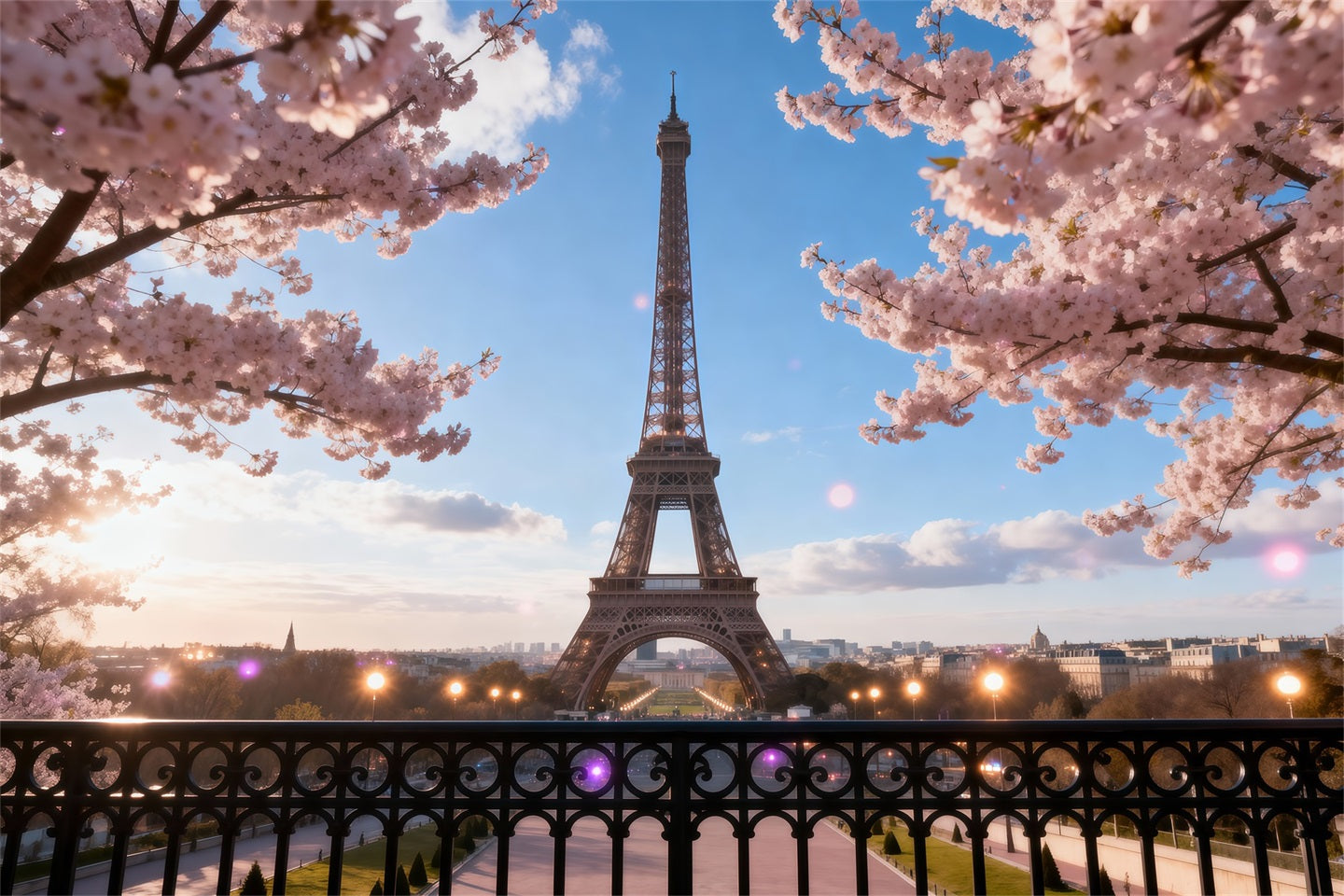 Fond Studio Photo Tour Eiffel Balcon Fleurs Cerisier Crépuscule RR61-46