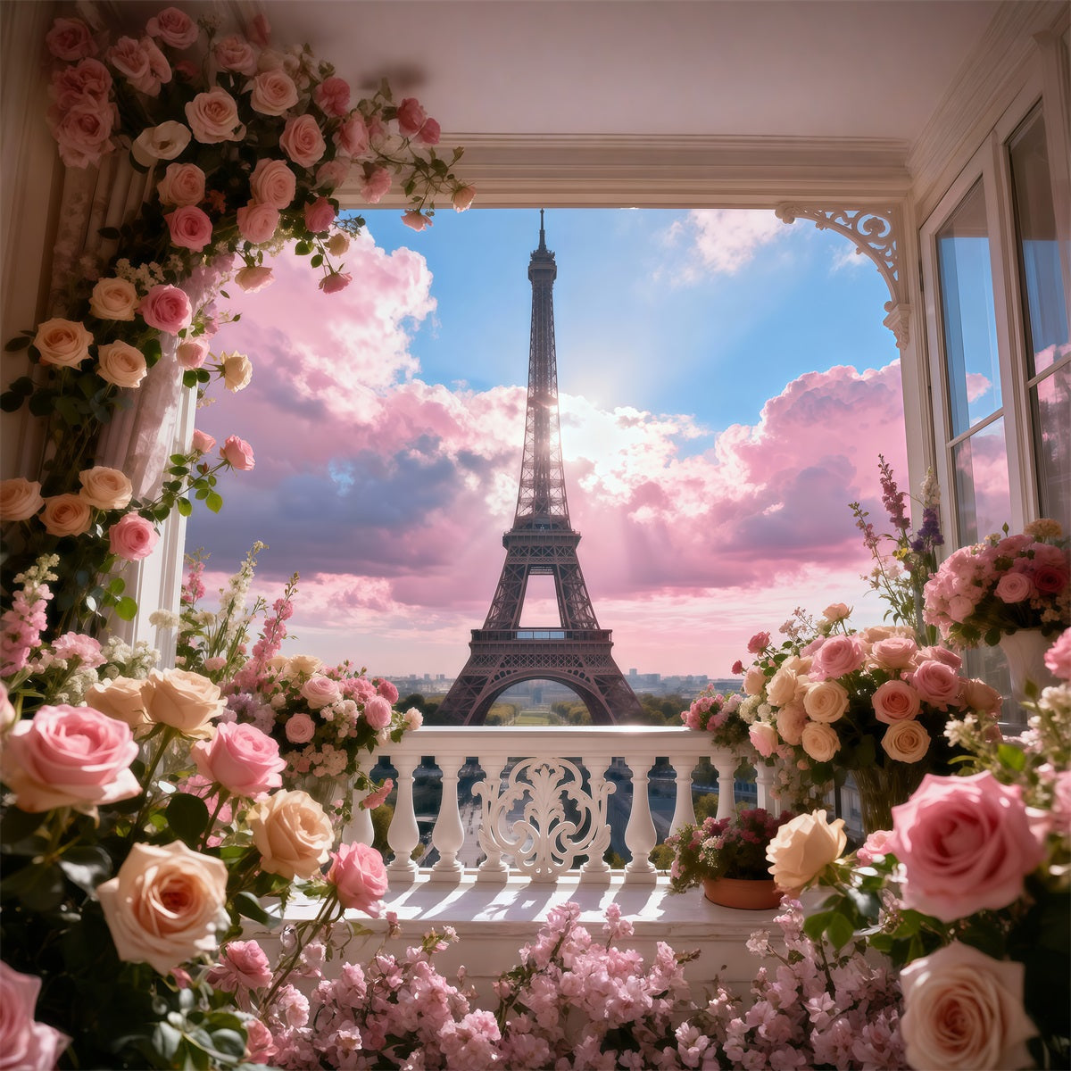 Toile de fond Paris Balcon Jardin Pastel Ciel RR61-53