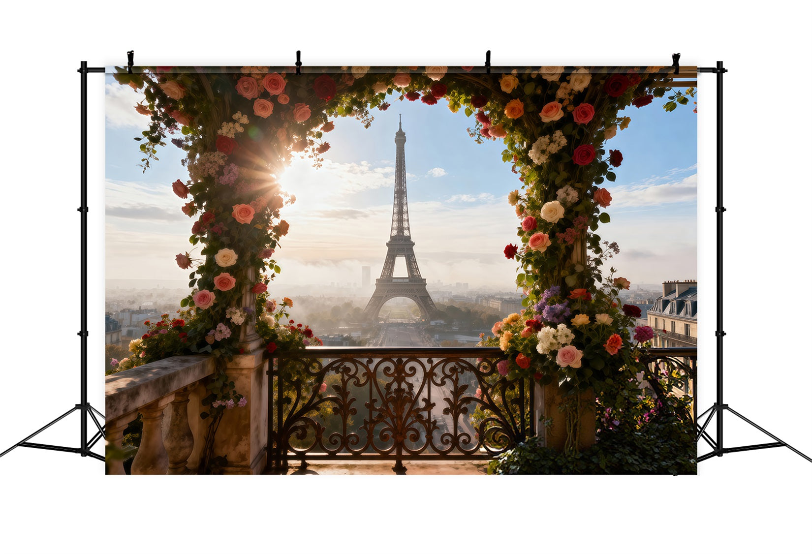 Toile de fond Photo Tour Eiffel Terrasse Arche Florale Baignée De Soleil RR61-55