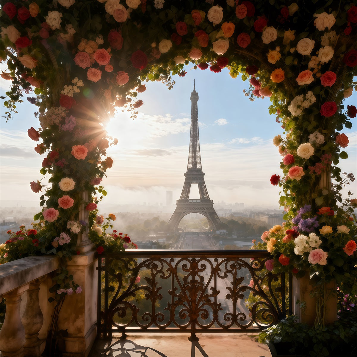 Toile de fond Photo Tour Eiffel Terrasse Arche Florale Baignée De Soleil RR61-55