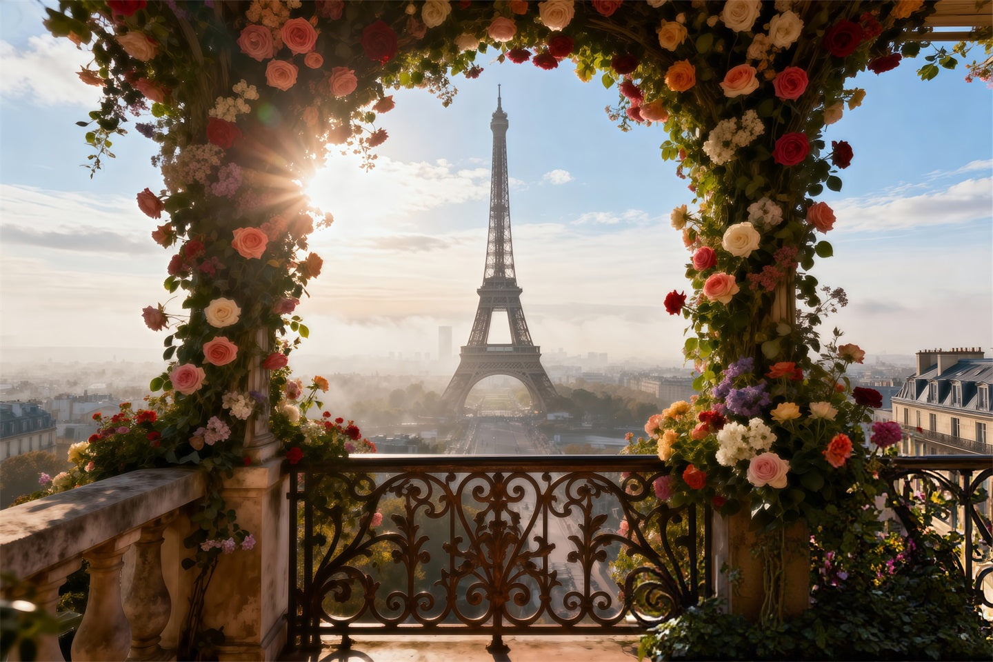 Toile de fond Photo Tour Eiffel Terrasse Arche Florale Baignée De Soleil RR61-55