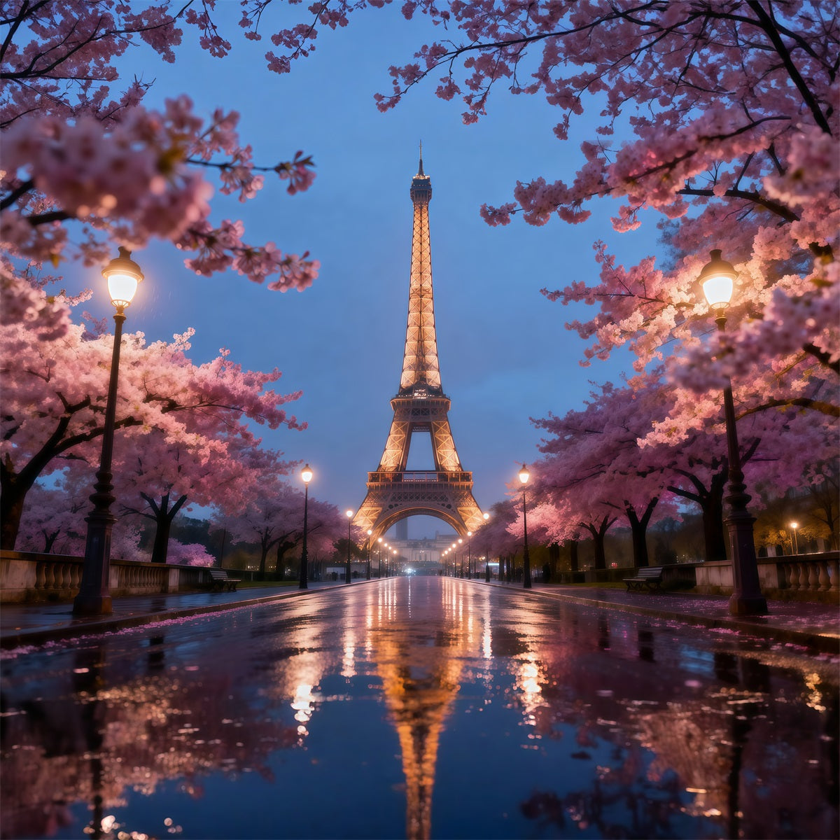 Toile de fond Tour Eiffel Promenade Soir Fleurs Cerisier RR61-57