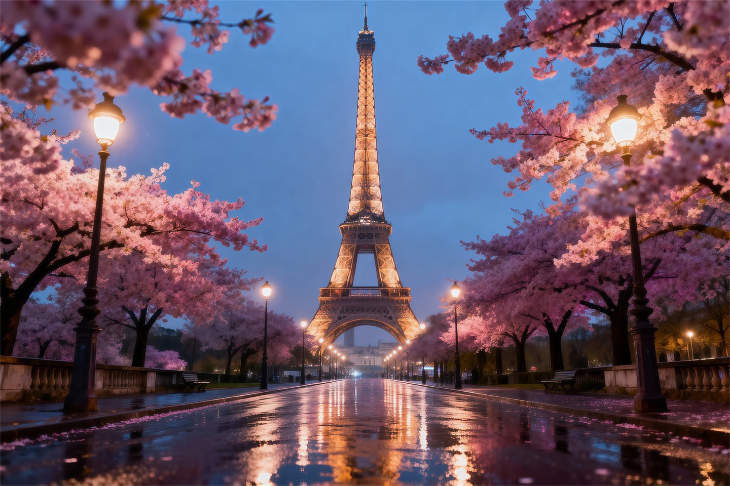 Toile de fond Tour Eiffel Promenade Soir Fleurs Cerisier RR61-57