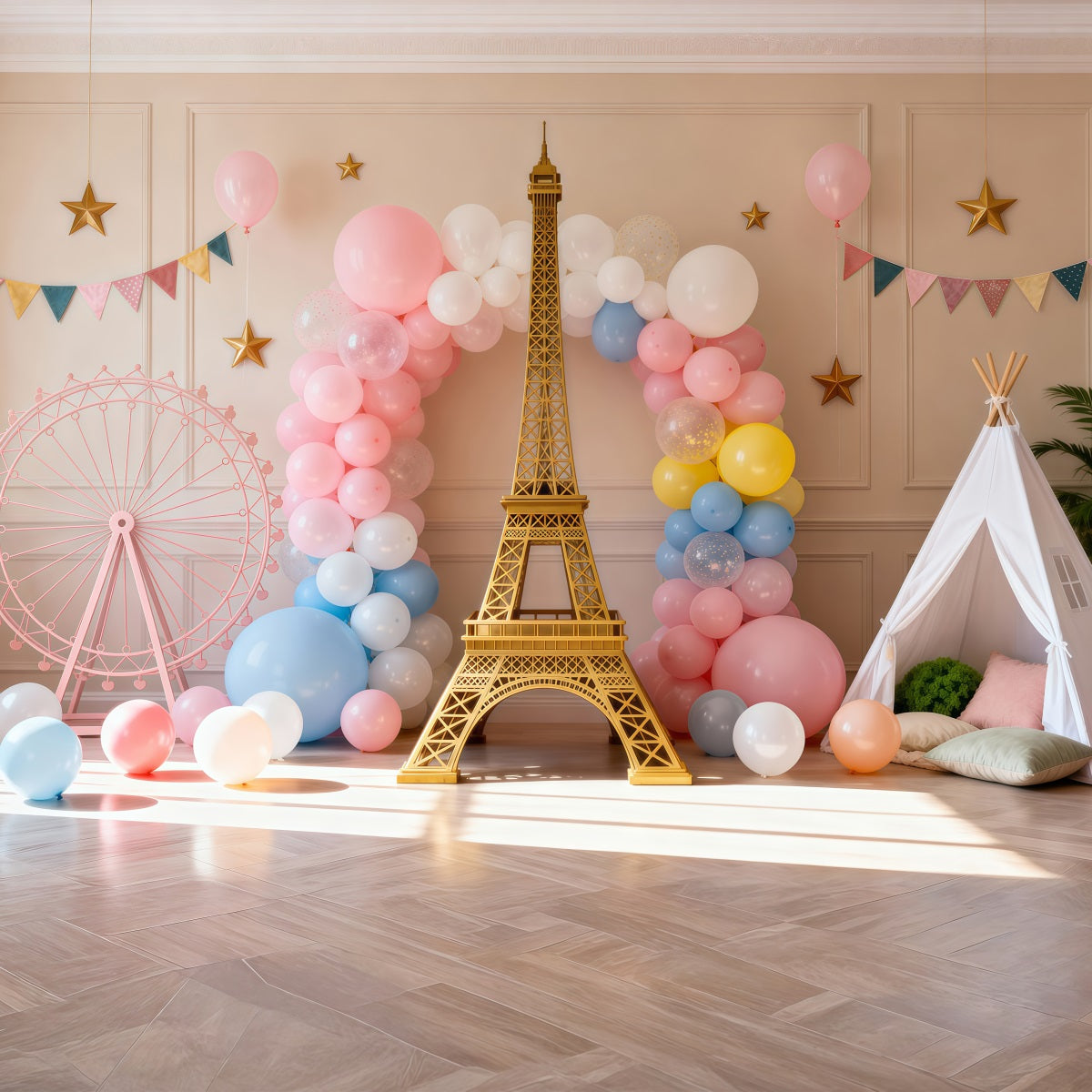 Toile de fond Photo Tour Eiffel Fête Ballons Pastel Fantaisie RR61-63