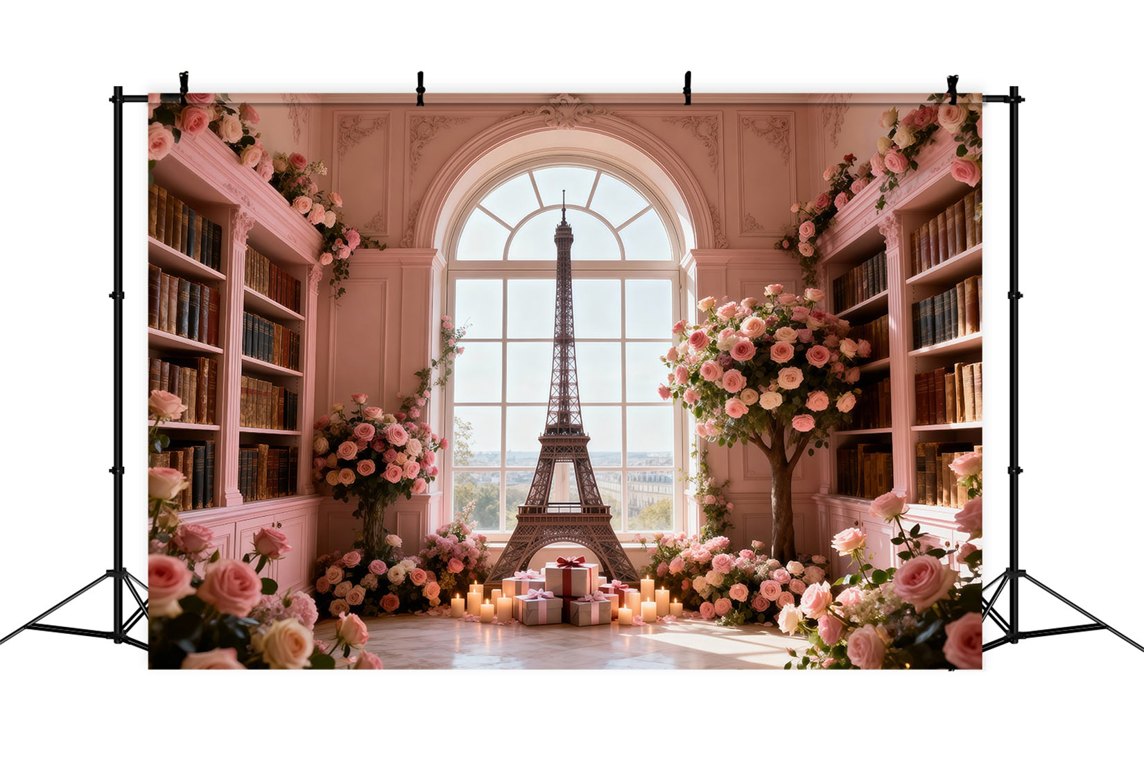 Fond Photo Tour Eiffel Fenêtre Bibliothèque Roses Romance RR61-64