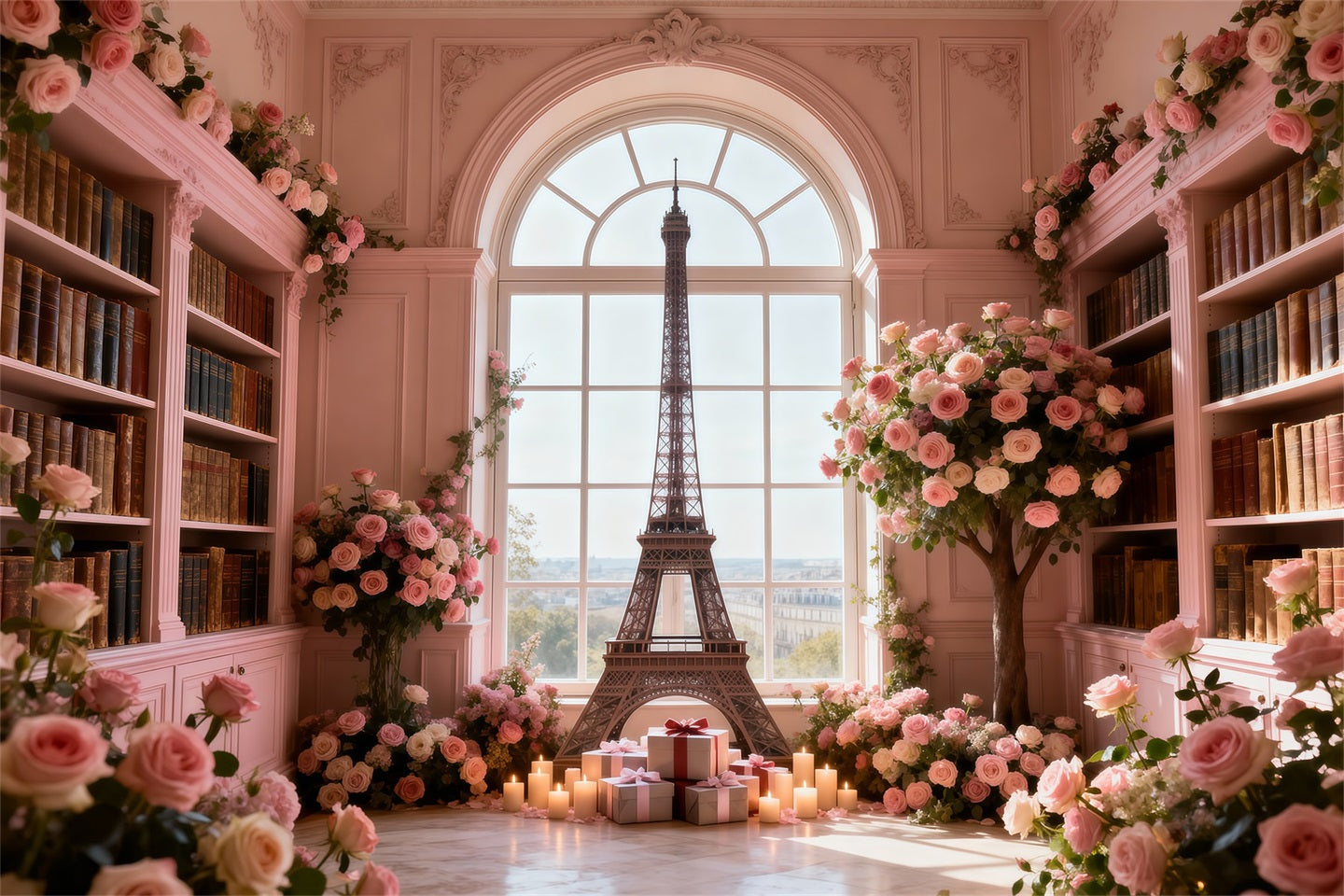 Fond Photo Tour Eiffel Fenêtre Bibliothèque Roses Romance RR61-64