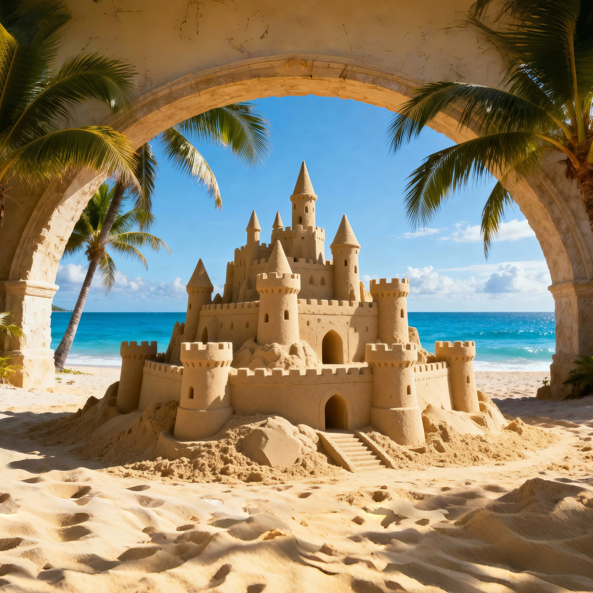 Toile de fond Mer Château Sable Tropical Vue Océan RR61-7