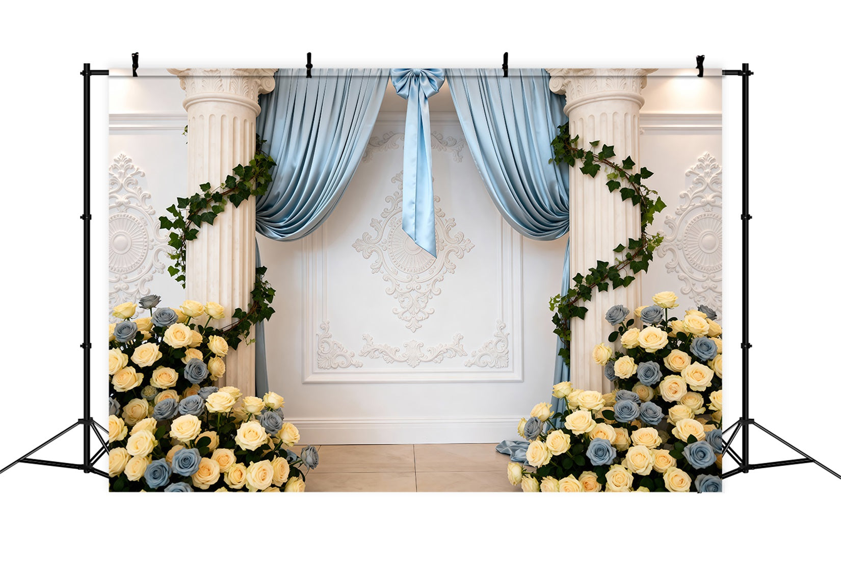 Toile de Fond Mariage Printanier Colonnes De Roses Drapées Bleues Élégance RR62-10