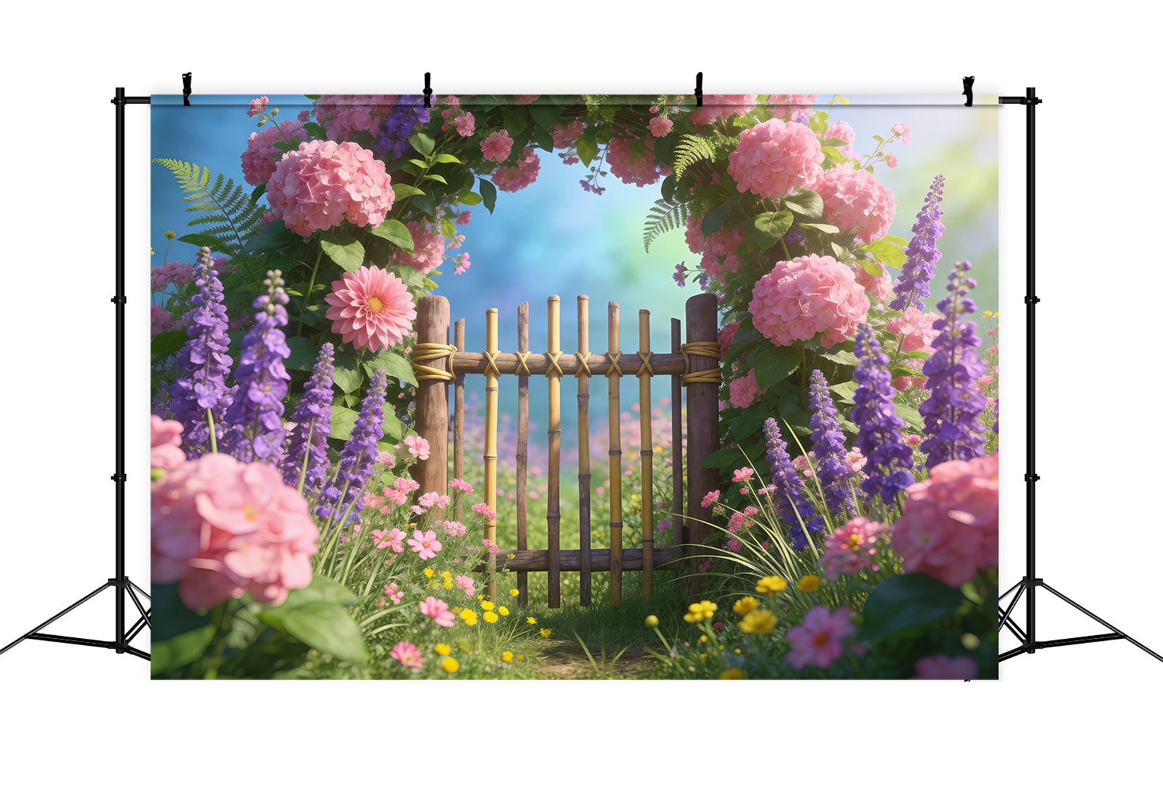 Toile de Fond Guirlande de Fleurs Sauvages Portail Bambou Prairie Pastel RR62-23