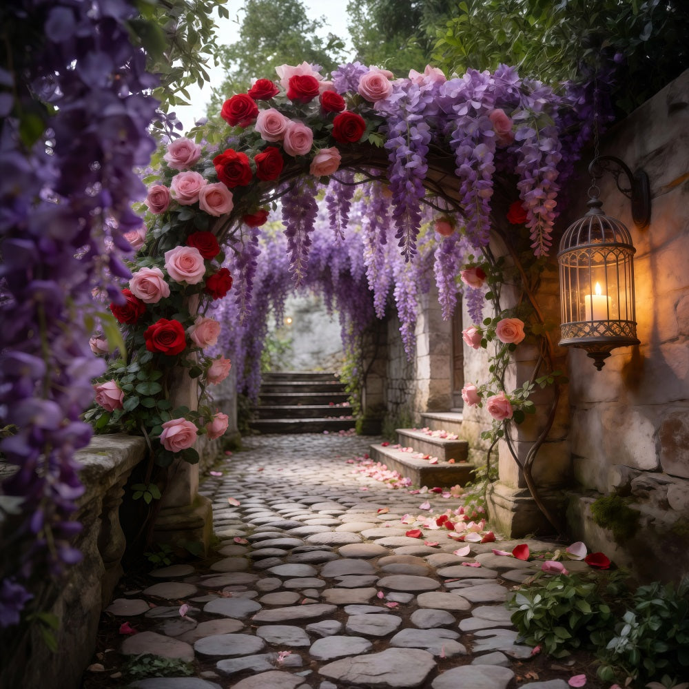 Fond Photo Jardin Fleuri Passage Pierre Glycine Roses RR62-25