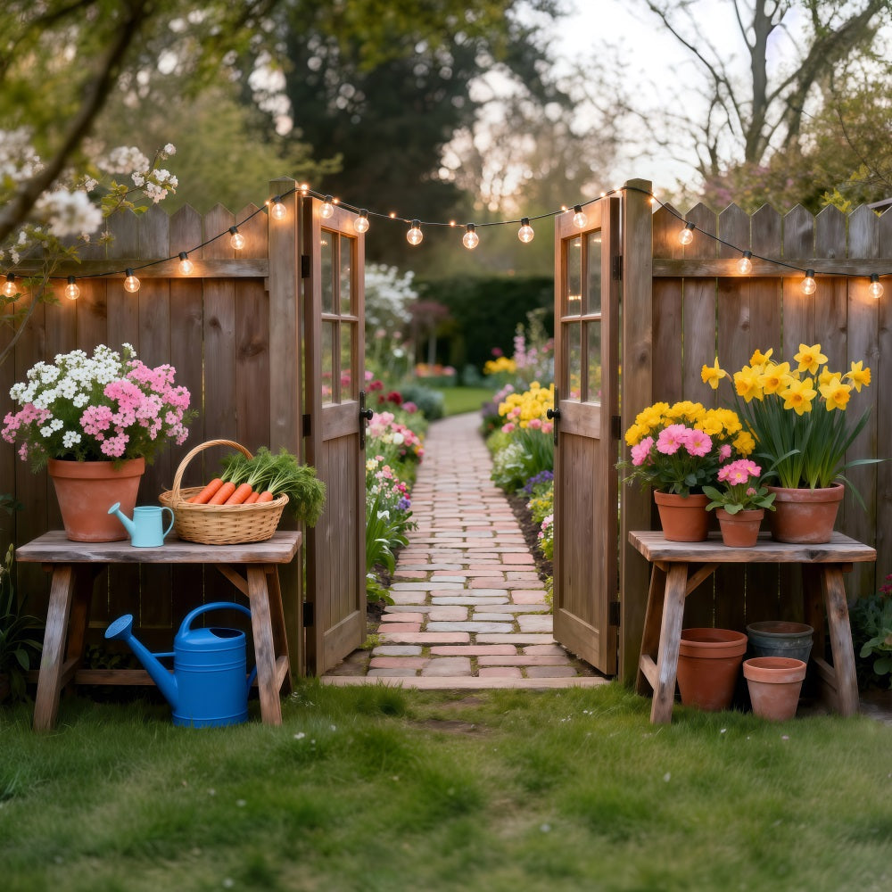 Fond Studio Grange Printanière Entrée Jardin Guirlandes Lumineuses RR62-30
